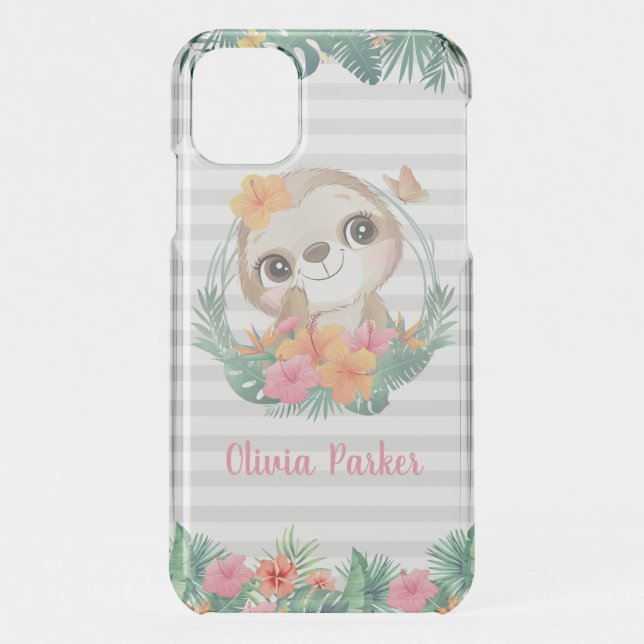 Tropical Borders Hibiscus Flowers Sloth Custom Uncommon iPhone Case (Back)