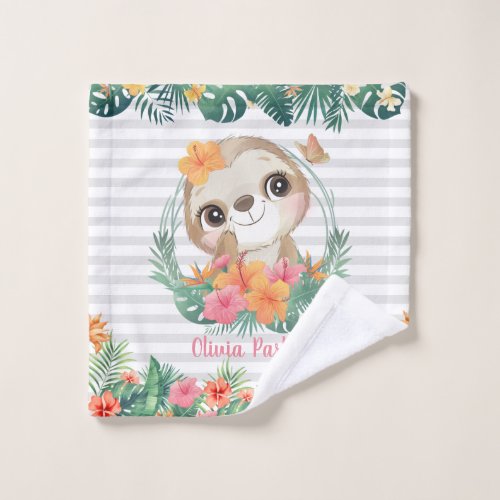 Tropical Borders Hibiscus Flowers Sloth Custom Wash Cloth