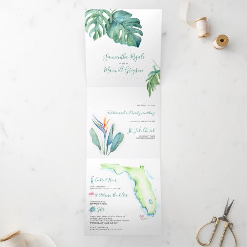 Tropical Botanical All In One Watercolor Map Tri_Fold Invitation