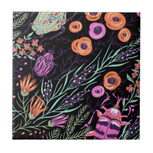 Tropical Botanical and Bugs Colorful Abstract Art Ceramic Tile
