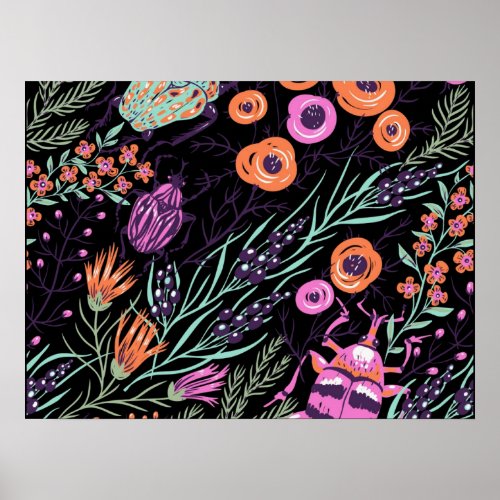 Tropical Botanical and Bugs Colorful Abstract Art Poster