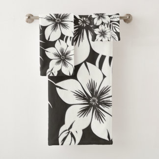 Tropical Botanical Black and White Bath Towel Set