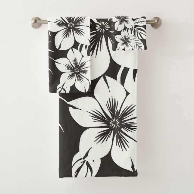 Tropical Botanical Black and White Bath Towel Set (Insitu)