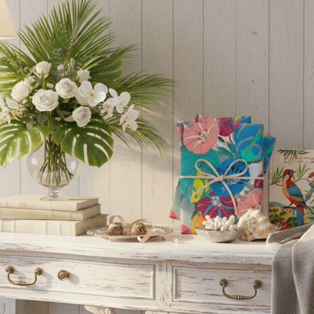 Tropical Botanical Bold Teal Blue & Coral Floral  Wrapping Paper Sheets (Creator Uploaded)