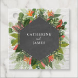 Tropical Botanical Brick Chalkboard Wedding Favor Tags<br><div class="desc">Tropical florals and greenery around a geometric shape with white brick background.</div>