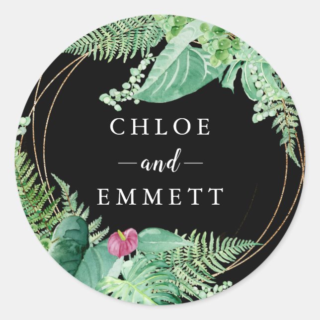 Tropical Botanical Exotic Wedding Favor Classic Round Sticker (Front)
