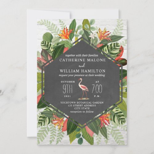 Tropical Botanical Flamingo Chalkboard Wedding Invitation