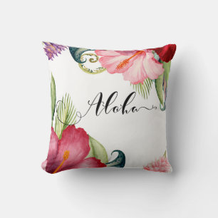 Tropical Botanical Floral Aloha Hibiscus Summer Throw Pillow