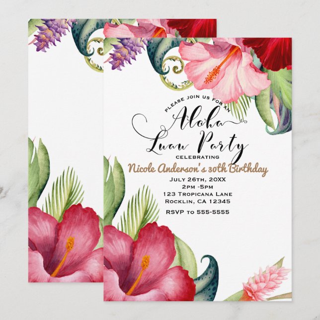Tropical Botanical Floral Aloha Luau Party Invitation (Front/Back)