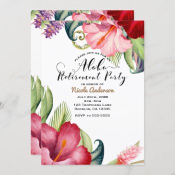 Tropical Botanical Floral Aloha Retirement Party Invitation by printabledigidesigns at Zazzle