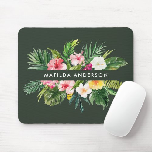 Tropical botanical floral green modern foliage mouse pad