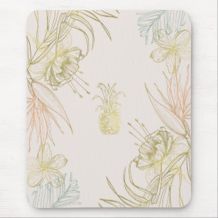 Tropical Botanical Floral Leaves Gold Pineapple Mouse Pad