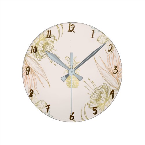 Tropical Botanical Floral Leaves Gold Pineapple Round Clock
