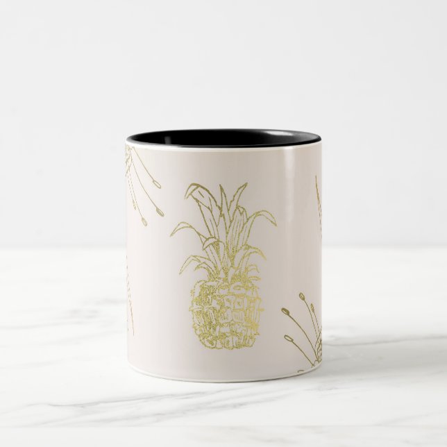 Tropical Botanical Floral Leaves Gold Pineapple Two-Tone Coffee Mug (Center)