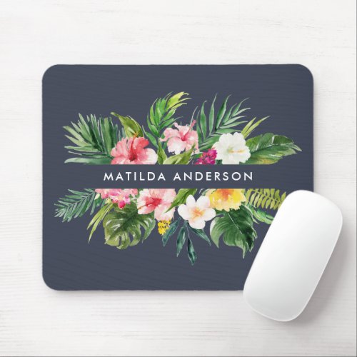 Tropical botanical floral navy blue modern foliage mouse pad