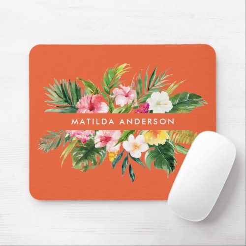 Tropical botanical floral orange modern foliage mouse pad