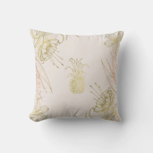 Tropical Botanical Floral Pineapple Gold Blush Throw Pillow