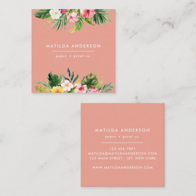 Tropical botanical floral pink modern foliage mini square business card (Front/Back)