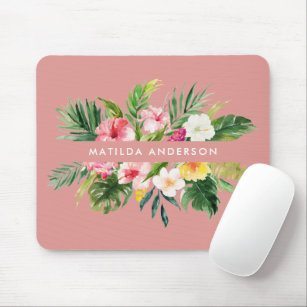 Tropical botanical floral pink modern foliage mouse pad