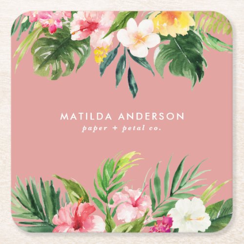 Tropical botanical floral pink modern foliage square paper coaster