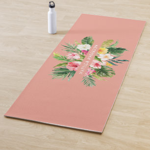 Tropical botanical floral pink modern foliage yoga mat