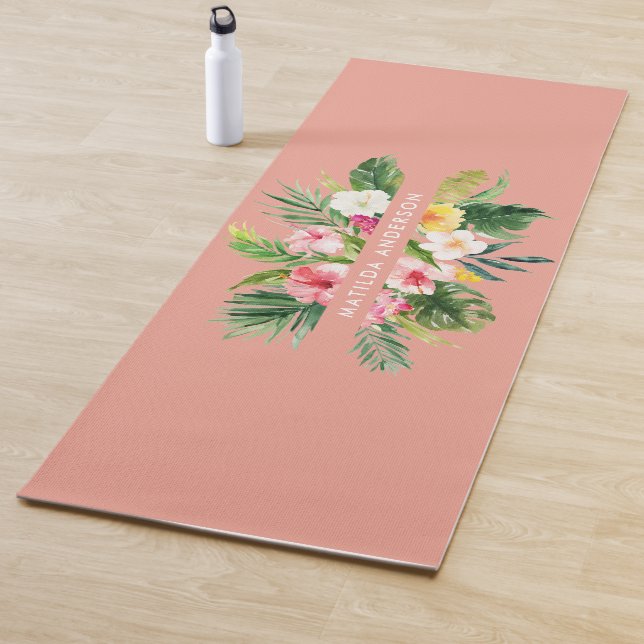 Tropical botanical floral pink modern foliage yoga mat (In Situ)