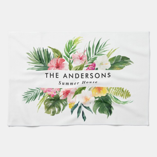 Tropical botanical floral summer vacation  kitchen towel (Horizontal)