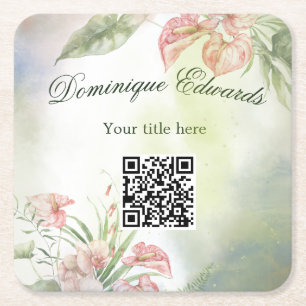 Tropical Botanical Flower QR Code Elegant Stylish Square Paper Coaster