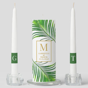 Tropical Botanical Green Palm Leaf Beach Wedding Unity Candle Set