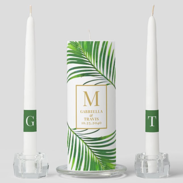 Tropical Botanical Green Palm Leaf Beach Wedding Unity Candle Set (Front)