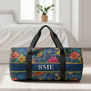 Tropical Botanical Hibiscus Floral Navy Duffle Bag