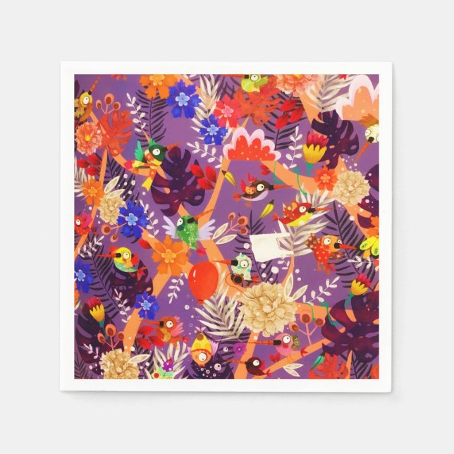 Tropical Botanical Jungle Bird Flowers Paradise Napkins (Front)