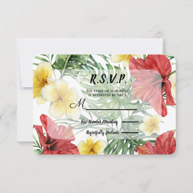 Tropical Botanical Leaves Floral Wedding RSVP (Front)