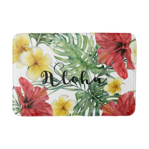 Tropical Botanical Leaves  Flowers Floral Aloha Bath Mat