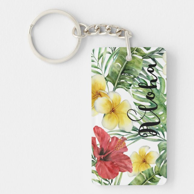 Tropical Botanical Leaves & Flowers Floral Aloha Keychain (Front)