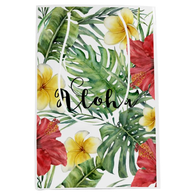 Tropical Botanical Leaves & Flowers Floral Aloha Medium Gift Bag (Front)