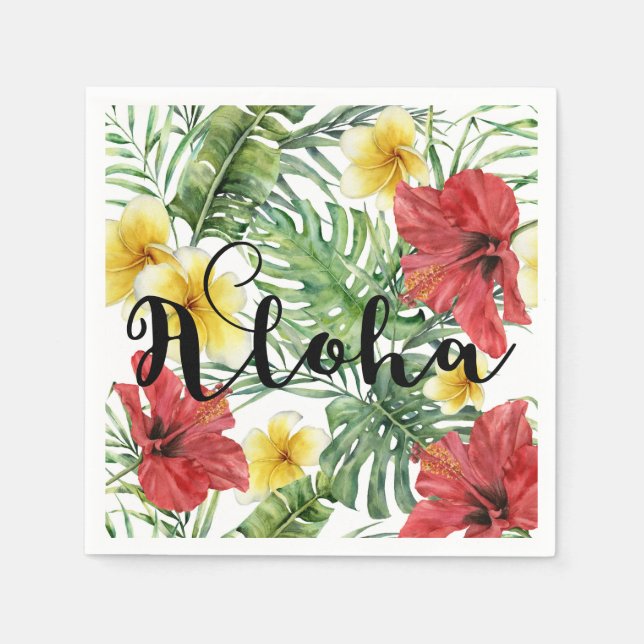 Tropical Botanical Leaves & Flowers Floral Aloha Napkins (Front)