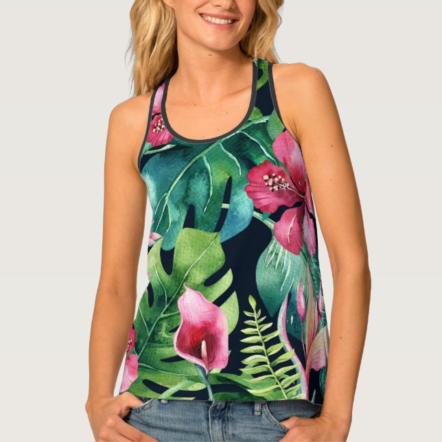 Tropical Botanical Leaves Hibiscus Floral Pattern Tank Top (Front)
