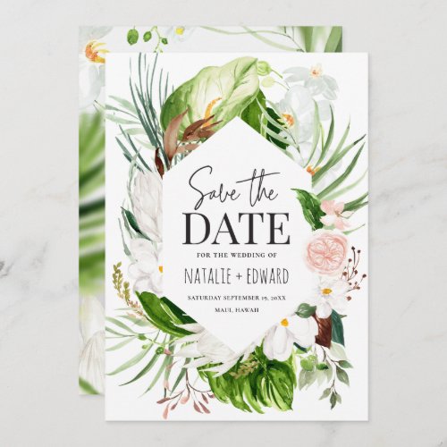 Tropical botanical modern floral script wedding save the date