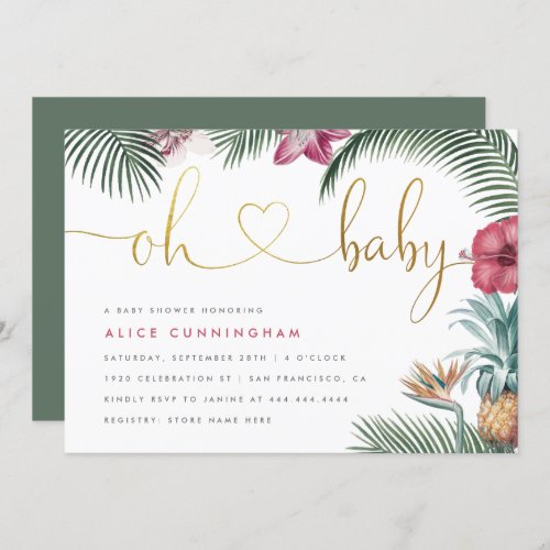 Tropical Botanical Oh Baby Gold Script Baby Shower Invitation