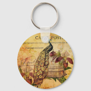 tropical botanical orchid modern vintage peacock keychain