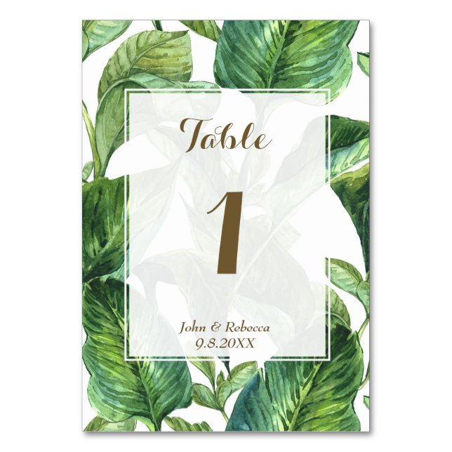 tropical botanical palm leaf wedding table number (Front)