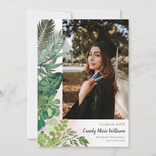 Tropical Botanical Pink Graduation Announcement (Front)
