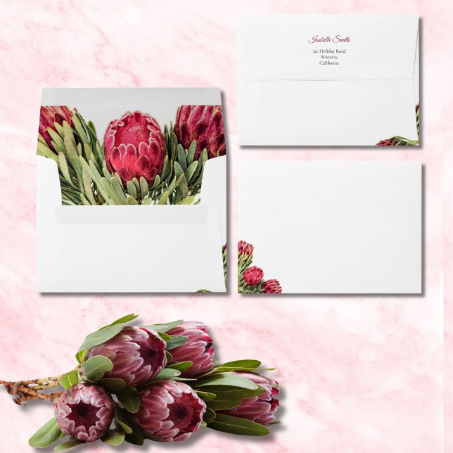 Tropical Botanical Pink Protea Flowers Wedding Envelope (Creator Uploaded)