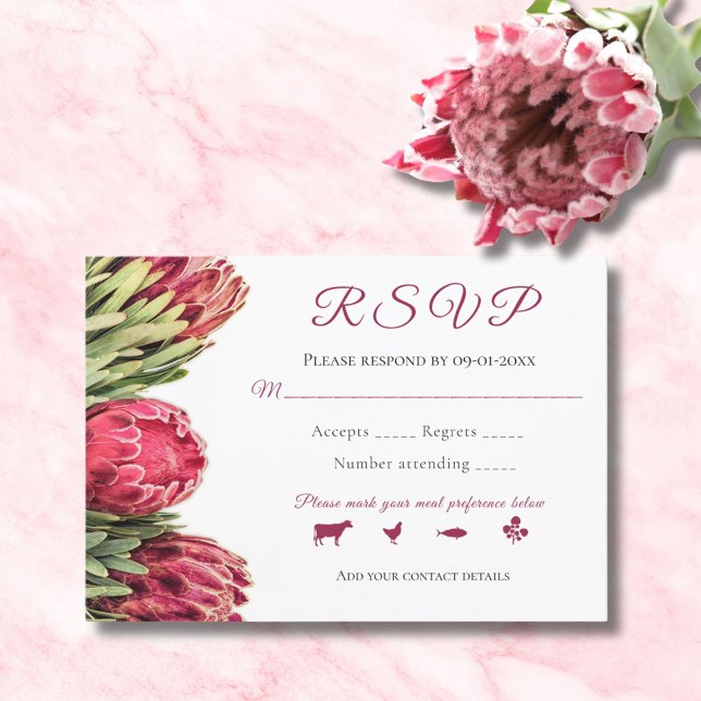 Tropical Botanical Pink Proteas Bouquet Wedding RSVP Card (Creator Uploaded)