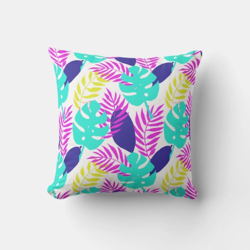 Tropical Botanical Pink Yellow Blue Turquoise Throw Pillow
