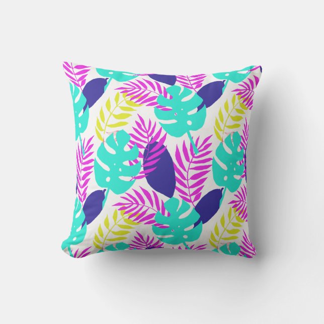 Tropical Botanical Pink Yellow Blue Turquoise Throw Pillow (Front)