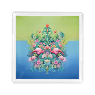 Tropical Botanical Plants Pink Flamingos Acrylic Tray