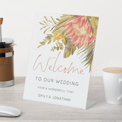 Tropical Botanical Script Welcome to Wedding Pedestal Sign