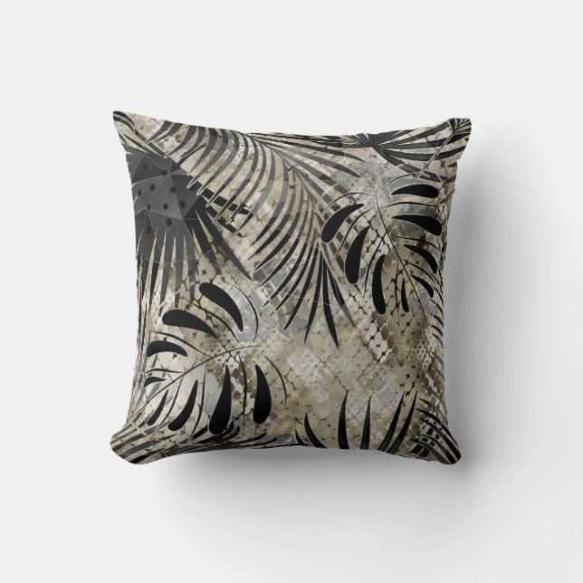 Tropical, Botanical, snake skin, leaves , palm, Throw Pillow (Front)